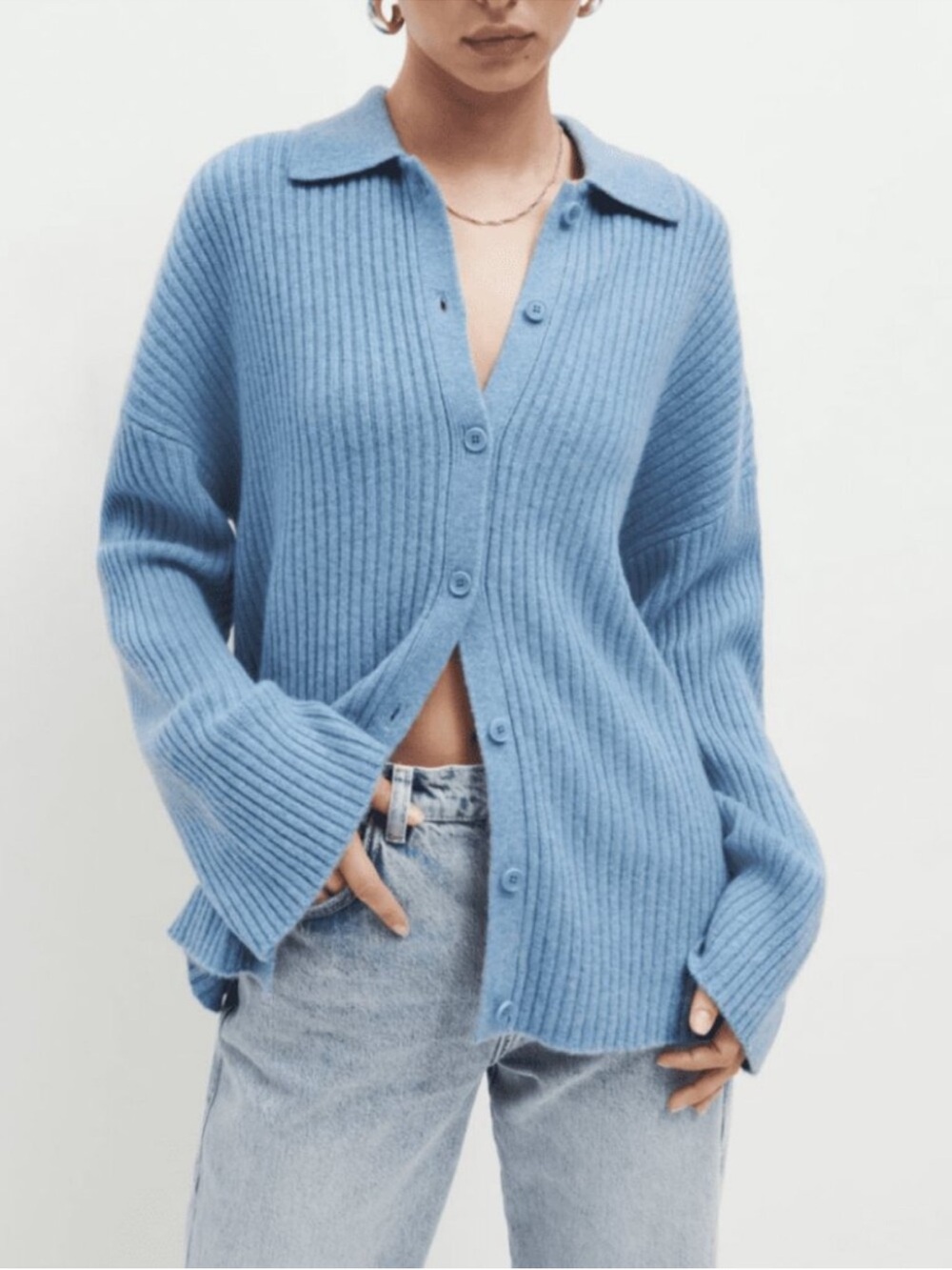 Reformation Fantino Cashmere Collared Button Down Wide Sleeves Cardigan Blue S